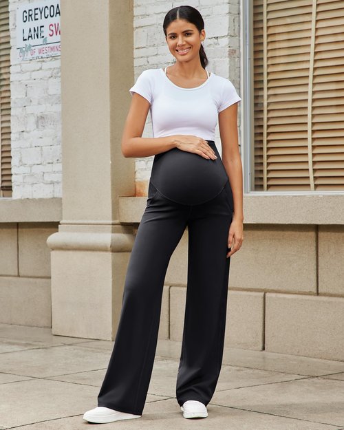 G4Free Maternity Pants with Pockets Over The Belly Pregnancy Leggings Wide Leg Yoga Pants for Business Casual (Black,M,Regular)