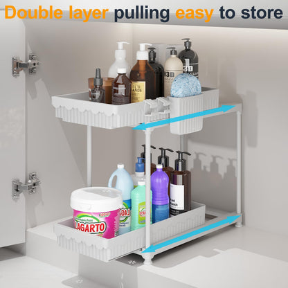 Sevenblue 2 Pack Double Sliding Under Sink Organizers and Storage, 2 Tier Under Bathroom Cabinet Shelf Organizer with Hooks Hanging Cup, Home Organization, White