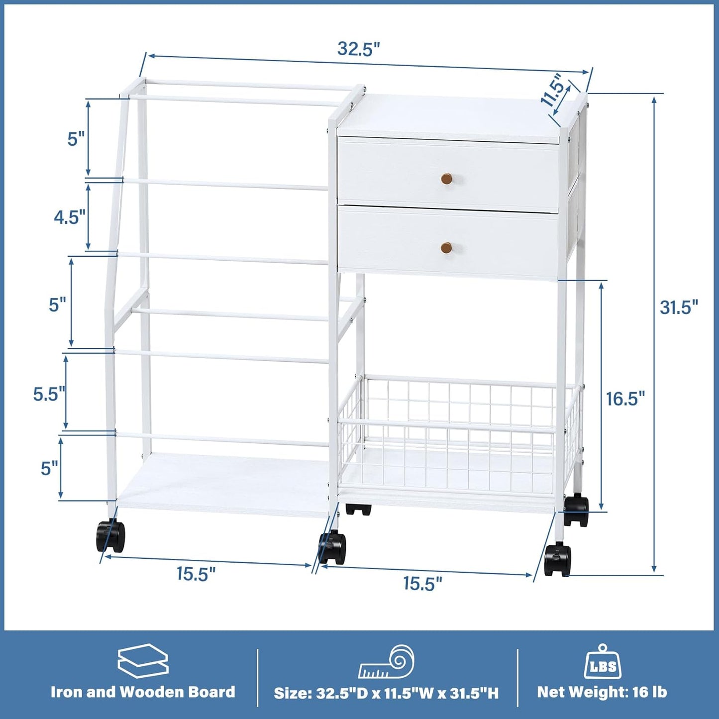 TC-HOMENY Wrapping Paper Organizer - Mobile Gift Wrap Rack with 2 Large Drawers & Ribbon Storage