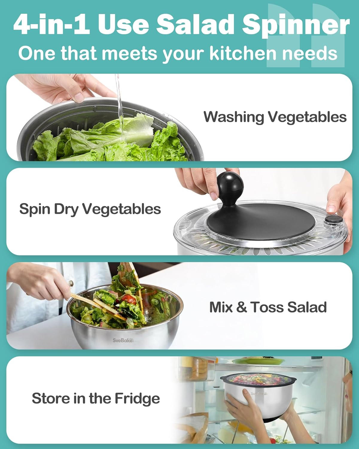 Skiennix Stainless Steel Salad Spinner - 4-in-1 Multi-Functional Lettuce Washer | 5.3 Qt, BPA-Free, Easy Clean