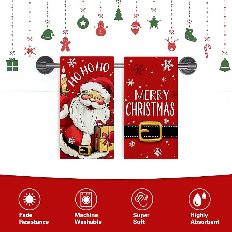 Santa Christmas Red Kitchen Towels Set of 2 - Durable Farmhouse Dish Cloths (Variation: Santa)