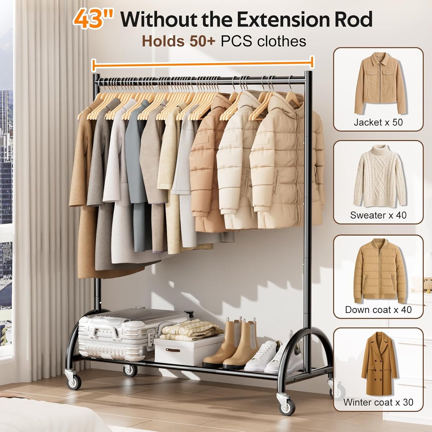 MISSLO Heavy Duty Clothing Rack - Rolling Garment Rack for Coats & Dresses - Black Finish