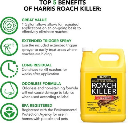 Harris Roach Killer - Odorless Liquid Spray with 12-Month Residual Kill Formula | 1 Gallon