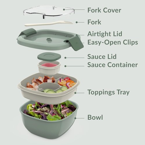 Bentgo Salad Container - 54 oz Leak-Proof Bowl with 4-Compartment Tray & Reusable Fork | BPA-Free Meal Prep (Khaki Green)