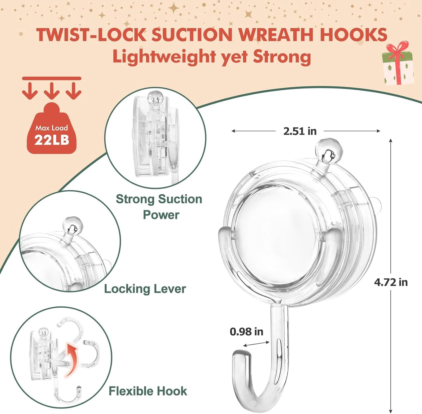 VIS'V Wreath Hanger - Heavy Duty Twist Lock Suction Cup Hooks | 22 LB Capacity, Clear, 2 Pack