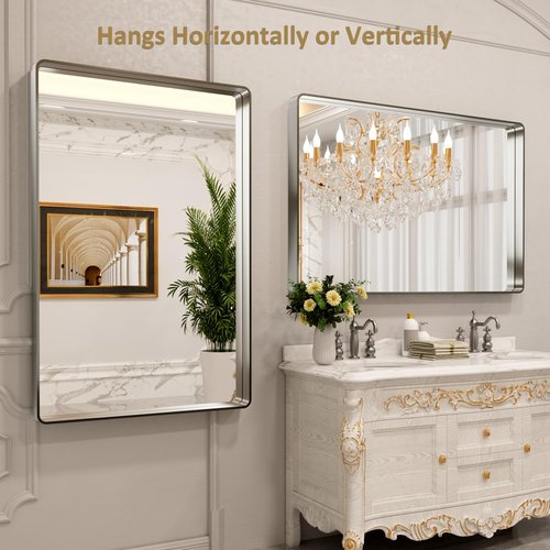 LOAAO 55X36 Inch Brushed Nickel Bathroom Mirror, Rounded Rectangle Silver Metal Frame Mirror, Brushed Nickel, Anti-Rust, Shatter Proof, Hangs Horizontally or Vertically
