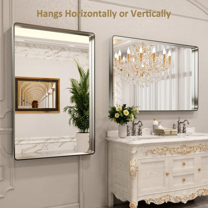 LOAAO 55X36 Inch Brushed Nickel Bathroom Mirror, Rounded Rectangle Silver Metal Frame Mirror, Brushed Nickel, Anti-Rust, Shatter Proof, Hangs Horizontally or Vertically