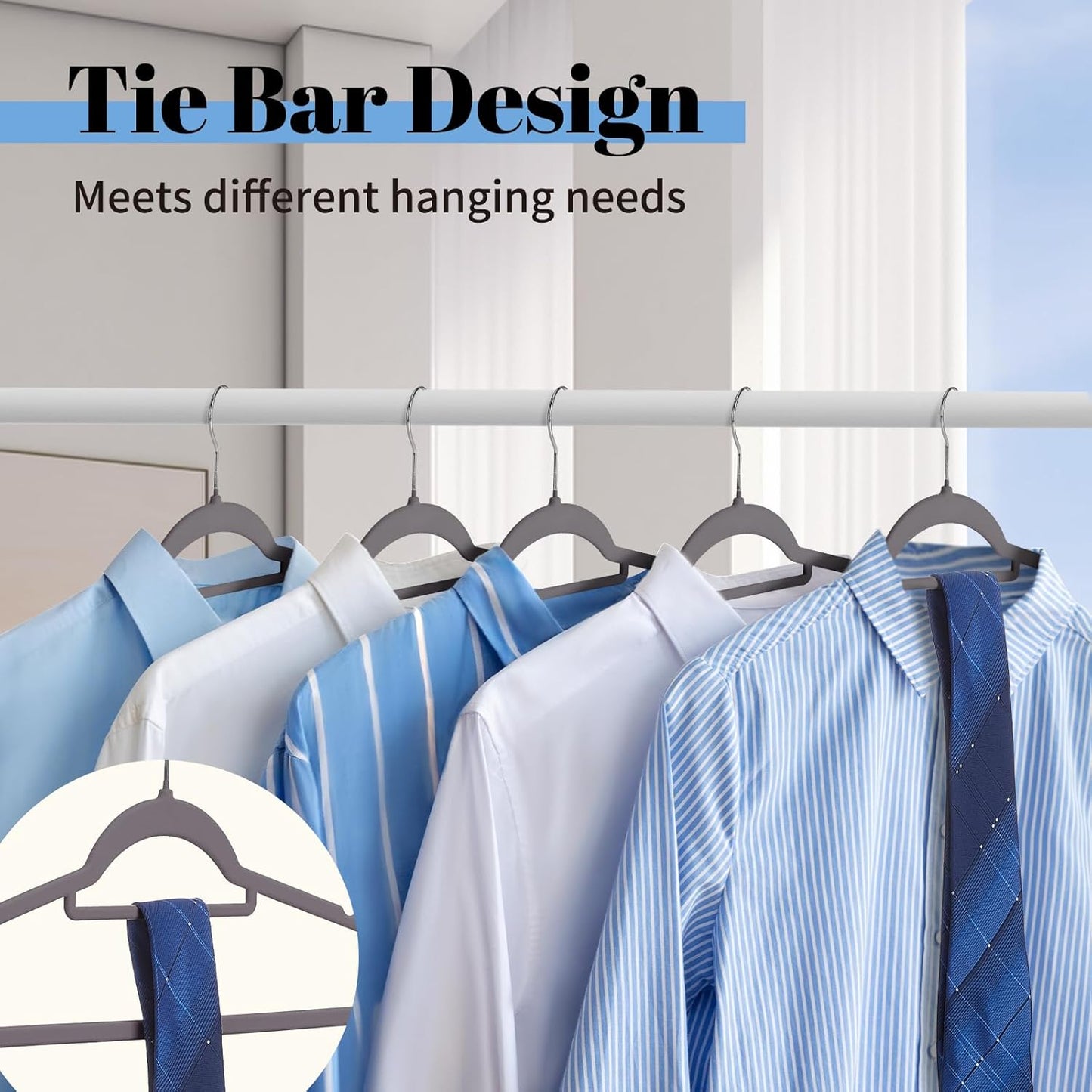 Smartor Grey Velvet Hangers - 20 Pack Heavy-Duty Non-Slip Clothes Hangers with Tie Bar & Shoulder Notches