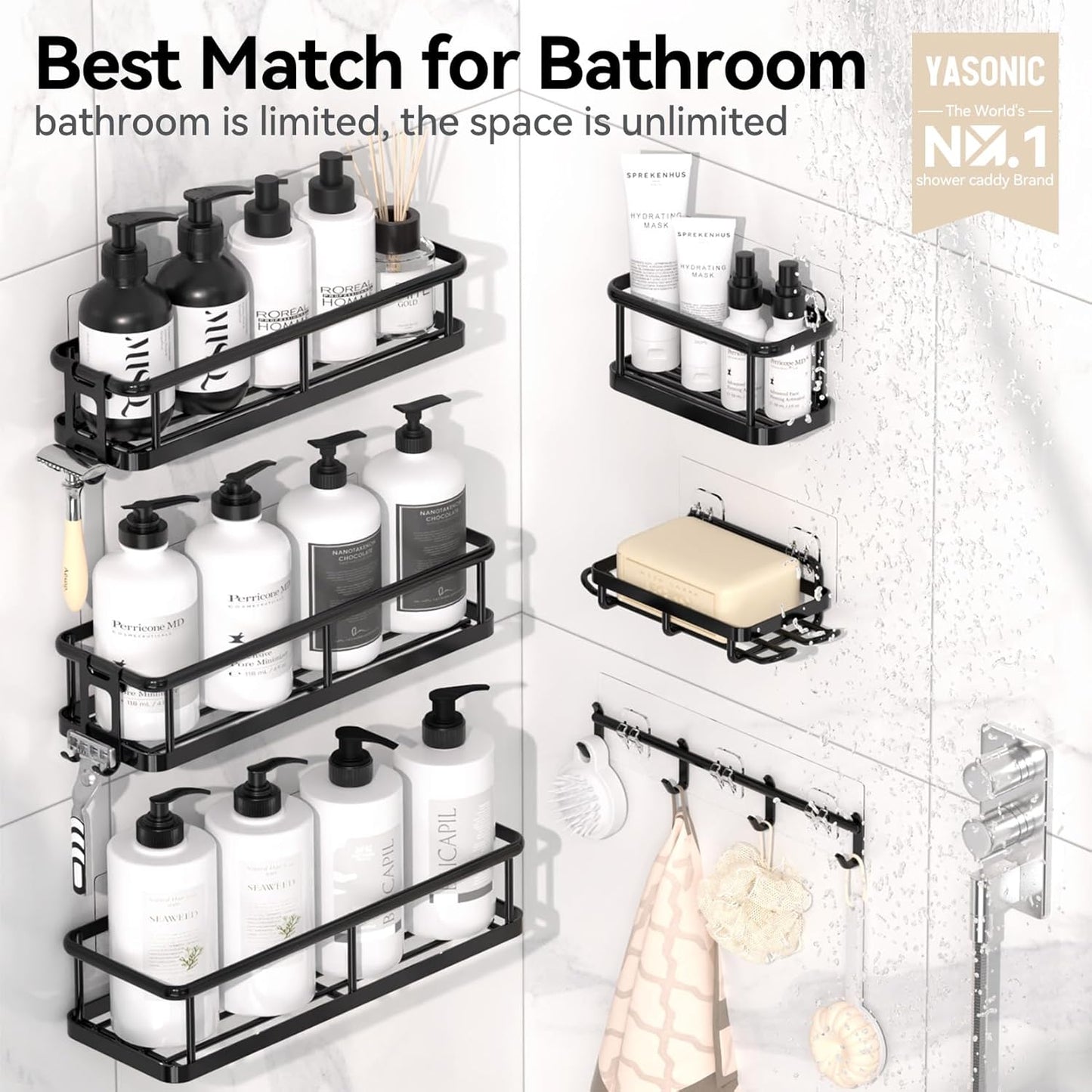 YASONIC Shower Caddy - 100% Rustproof Adhesive Organizer with Soap Holder | 6-Pack Large Capacity Shelves