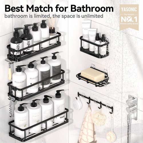 YASONIC Shower Caddy Adhesive, 100% Rustproof Shower Organizer with Soap Holder, 6 Pack Large Capacity shower Shelves for Inside Shower, No Drilling Bathroom Organizers and Storage for Home Decor