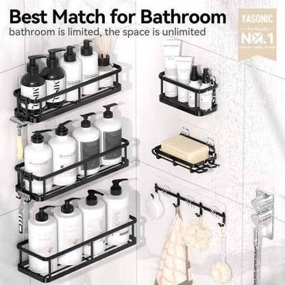 YASONIC Shower Caddy Adhesive, 100% Rustproof Shower Organizer with Soap Holder, 6 Pack Large Capacity shower Shelves for Inside Shower, No Drilling Bathroom Organizers and Storage for Home Decor