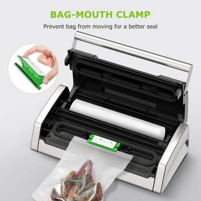 Bonsenkitchen Vacuum Sealer - Easy-Lock Handle Food Sealer with Built-in Cutter & Storage | Silver, Includes 1 Roll & 10 Bags
