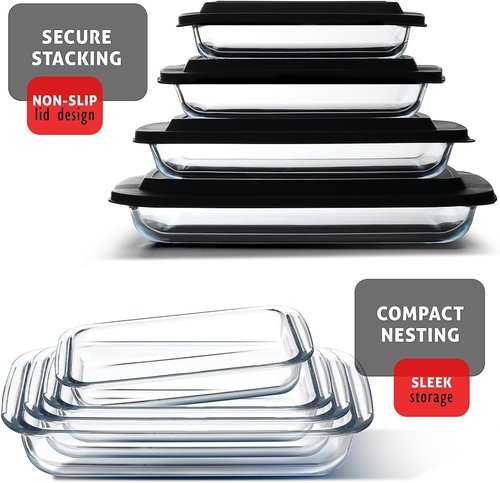 EATEX 8-Piece Deep Glass Casserole Set - Oven-Safe Bakeware with Plastic Lids | Perfect for Lasagna & Leftovers