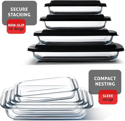 EATEX 8-Piece Deep Glass Casserole Set - Oven-Safe Bakeware with Plastic Lids | Perfect for Lasagna & Leftovers