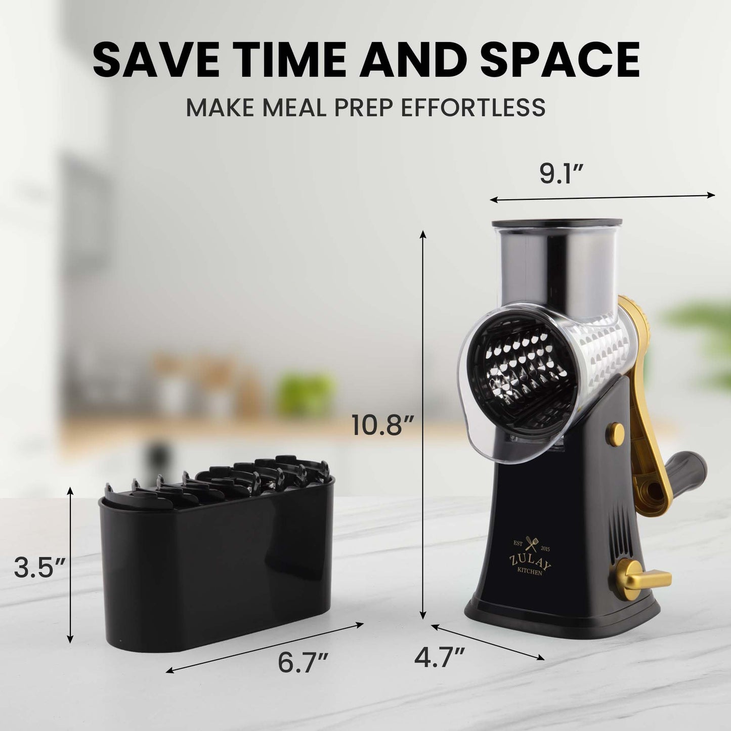 Zulay Kitchen Rotary Cheese Grater 5 Blade Cheese Shredder - Manual Hand Crank Cheese Grater With Reinforced Suction & 5 Interchangeable Drums - Easy to Use, Vegetable Chopper Round Mandoline Slicer