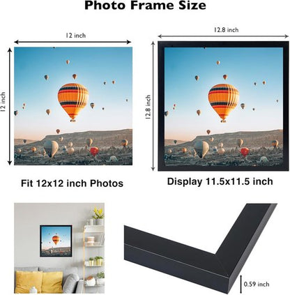 JCJMY 12x12 Inch Picture Frame - Versatile Horizontal & Vertical Wall Display | Shatter-Resistant Plexiglass, Black