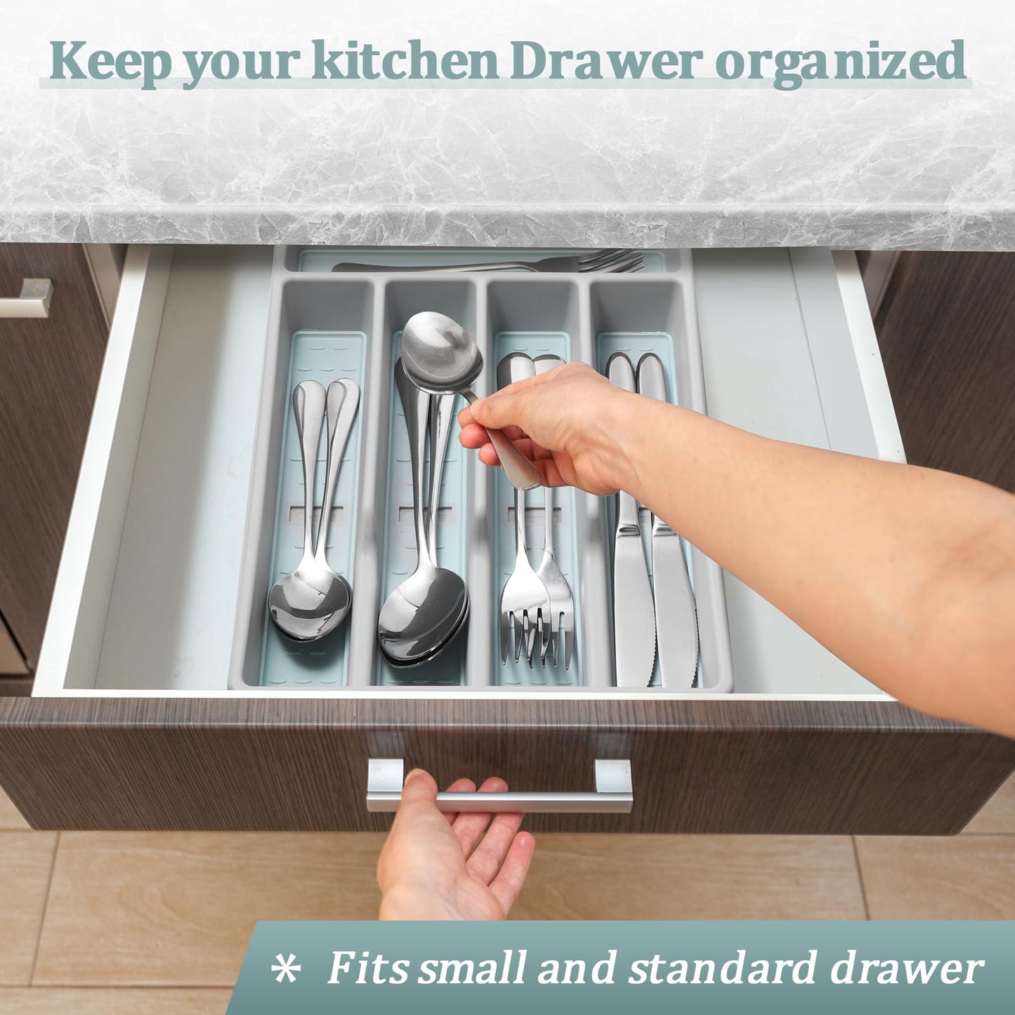 CherHome Silverware Organizer with Cutlery Icons，Silverware Tray for Kitchen Drawer，Plastic Flatware Tableware Silverware Drawer Organizer Utensil Organizer with Non-slip TPR Linings，5-Compartment