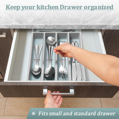 CherHome Silverware Organizer with Cutlery Icons，Silverware Tray for Kitchen Drawer，Plastic Flatware Tableware Silverware Drawer Organizer Utensil Organizer with Non-slip TPR Linings，5-Compartment