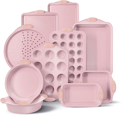 Country Kitchen Nonstick Bakeware Set - Heavy Duty, Durable & Easy Release, Pink | 10 Pieces