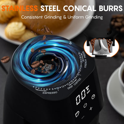 Ollygrin Conical Burr Coffee Grinder Electric Coffee Bean Grinder with Digital Timer 30 Precise Grind Settings Adjustable Burr Mill Grinder for 2-12 Cups Espresso Drip and French Press
