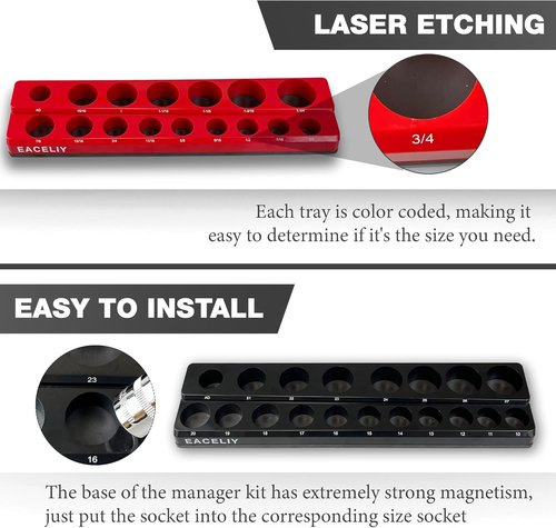 EACELIY Magnetic Socket Organizer Set - 6-Piece Holder for 1/2", 1/4", & 3/8" Sockets | Deep & Shallow Storage