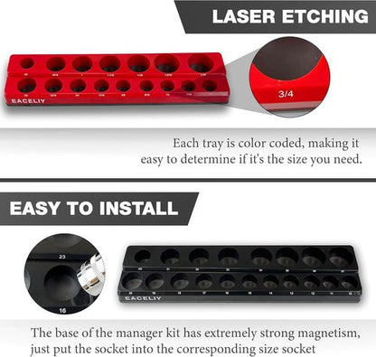 EACELIY Magnetic Socket Organizer Set - 6-Piece Holder for 1/2", 1/4", & 3/8" Sockets | Deep & Shallow Storage