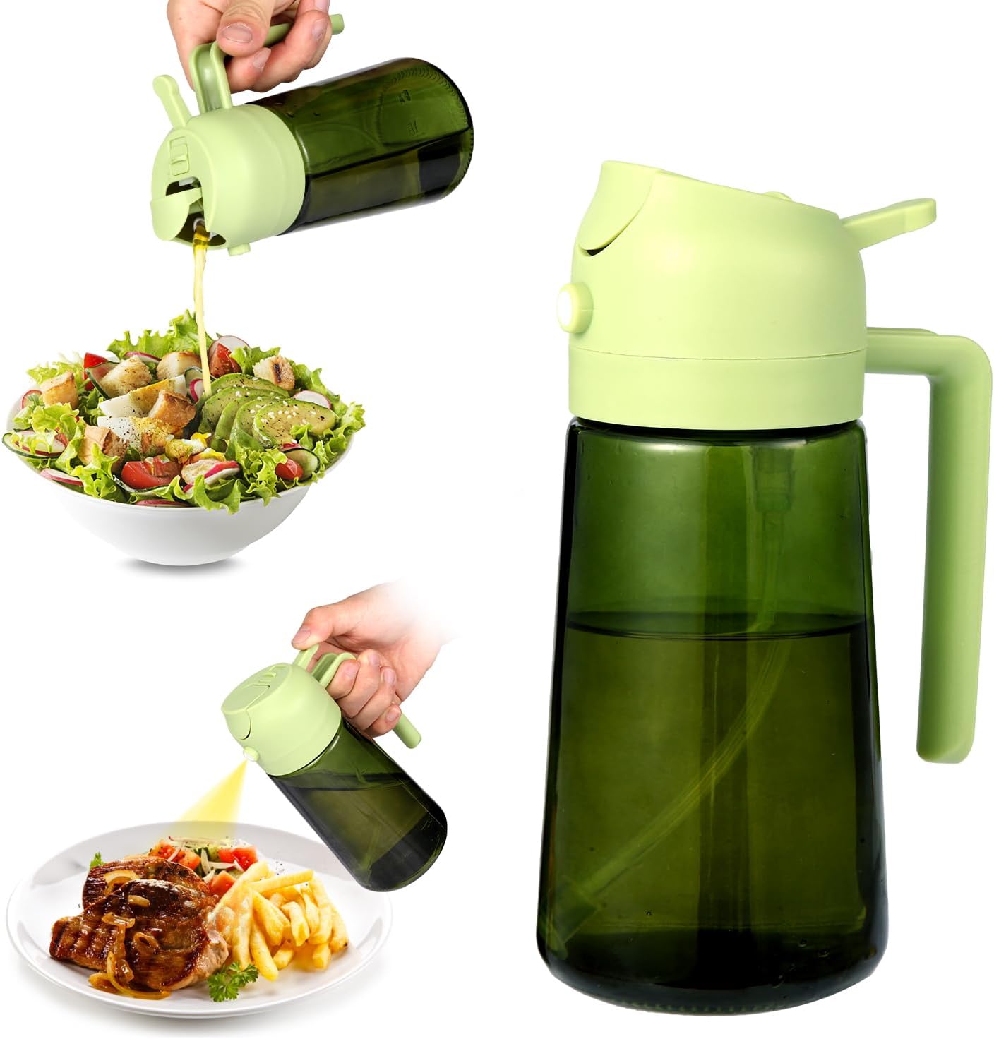 Upgraded 16oz Glass Olive Oil Sprayer - 2-in-1 No-Leak Spray & Pour Dispenser for Cooking, Salad & BBQ | Fine Mist, Easy Fill, Dishwasher Safe