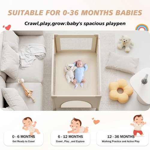 Trimigo Portable Travel Crib & Playpen - Baby Safe Folding Travel Bed w/Mattress, Breathable Mesh | Compact Lightweight Baby Bed | Pack and Play for Babies & Toddlers (Khaki)