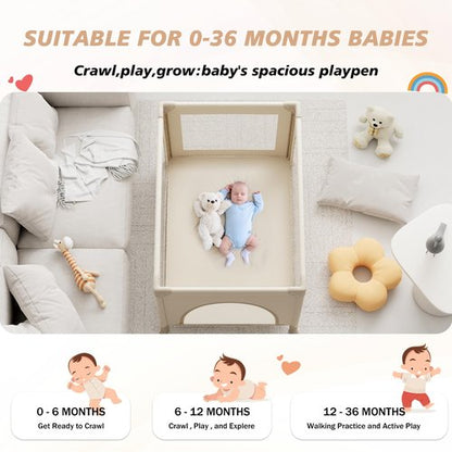 Trimigo Portable Travel Crib & Playpen - Baby Safe Folding Travel Bed w/Mattress, Breathable Mesh | Compact Lightweight Baby Bed | Pack and Play for Babies & Toddlers (Khaki)