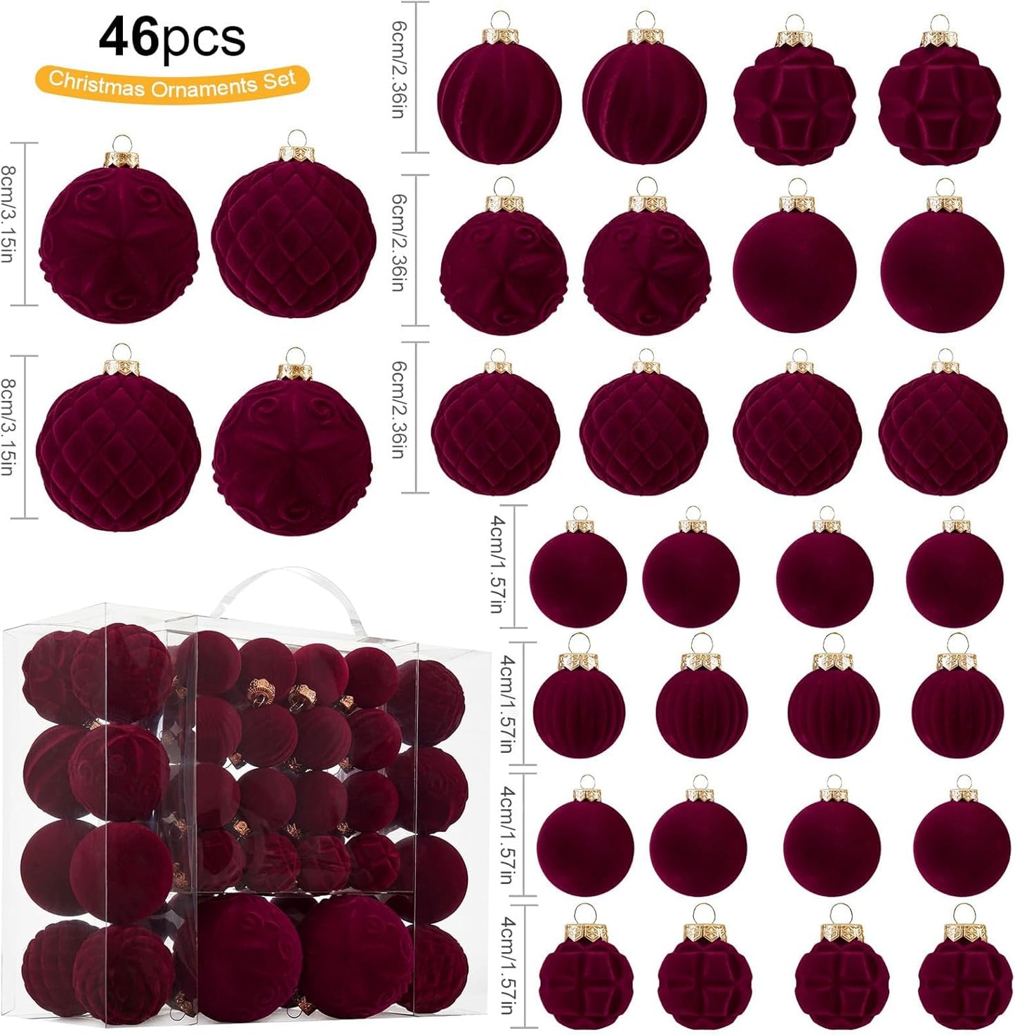 Velvet Christmas Ball Ornaments - 46-Piece Flocked Shatterproof Tree Decoration Set | Burgundy, 3 Sizes
