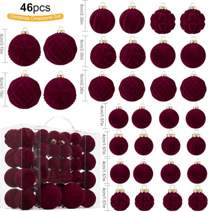 Velvet Christmas Ball Ornaments - 46-Piece Flocked Shatterproof Tree Decoration Set | Burgundy, 3 Sizes
