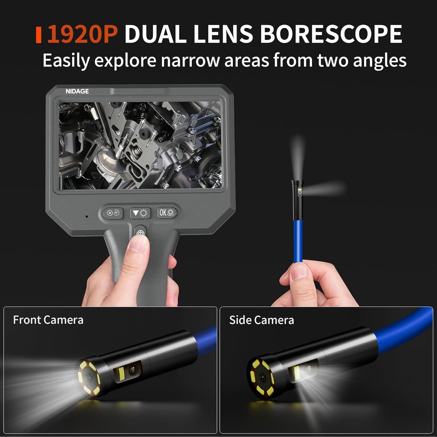 NIDAGE Dual Lens Borescope Inspection Camera - 1920P HD Endoscope with 4.3" IPS Screen & 11.5FT Cable | IP67 Waterproof