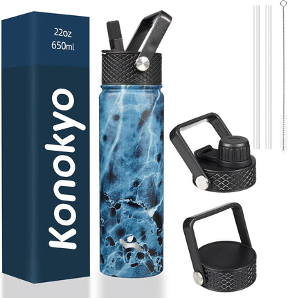 Skiennix 22oz Stainless Steel Water Bottle - Insulated with 3 Lids | Marble Ocean Design