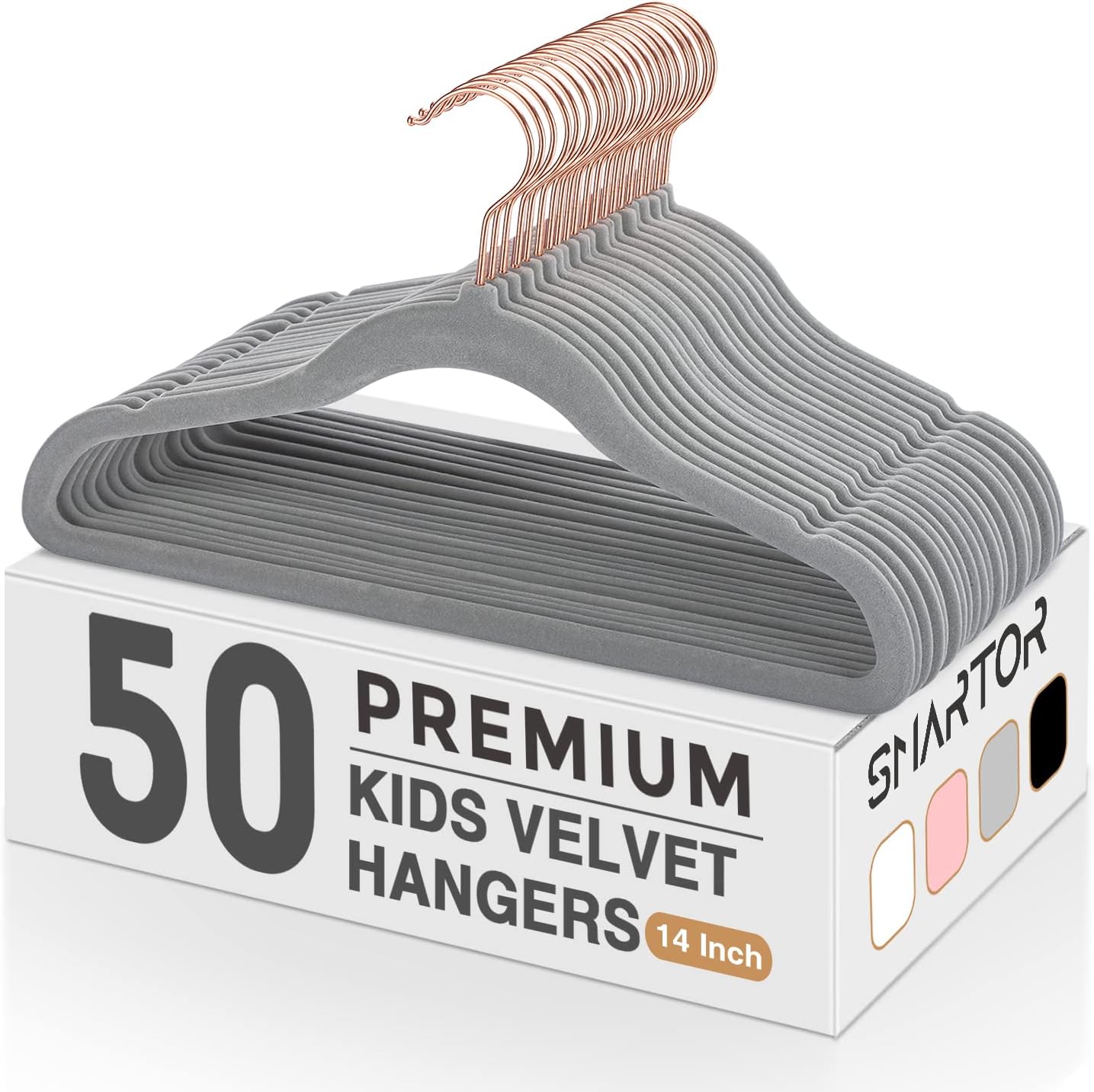 Smartor Kids Velvet Hangers - 50 Pack Premium Non-Slip Felt Hangers for Toddler Clothes | Grey with Rose Gold Hook