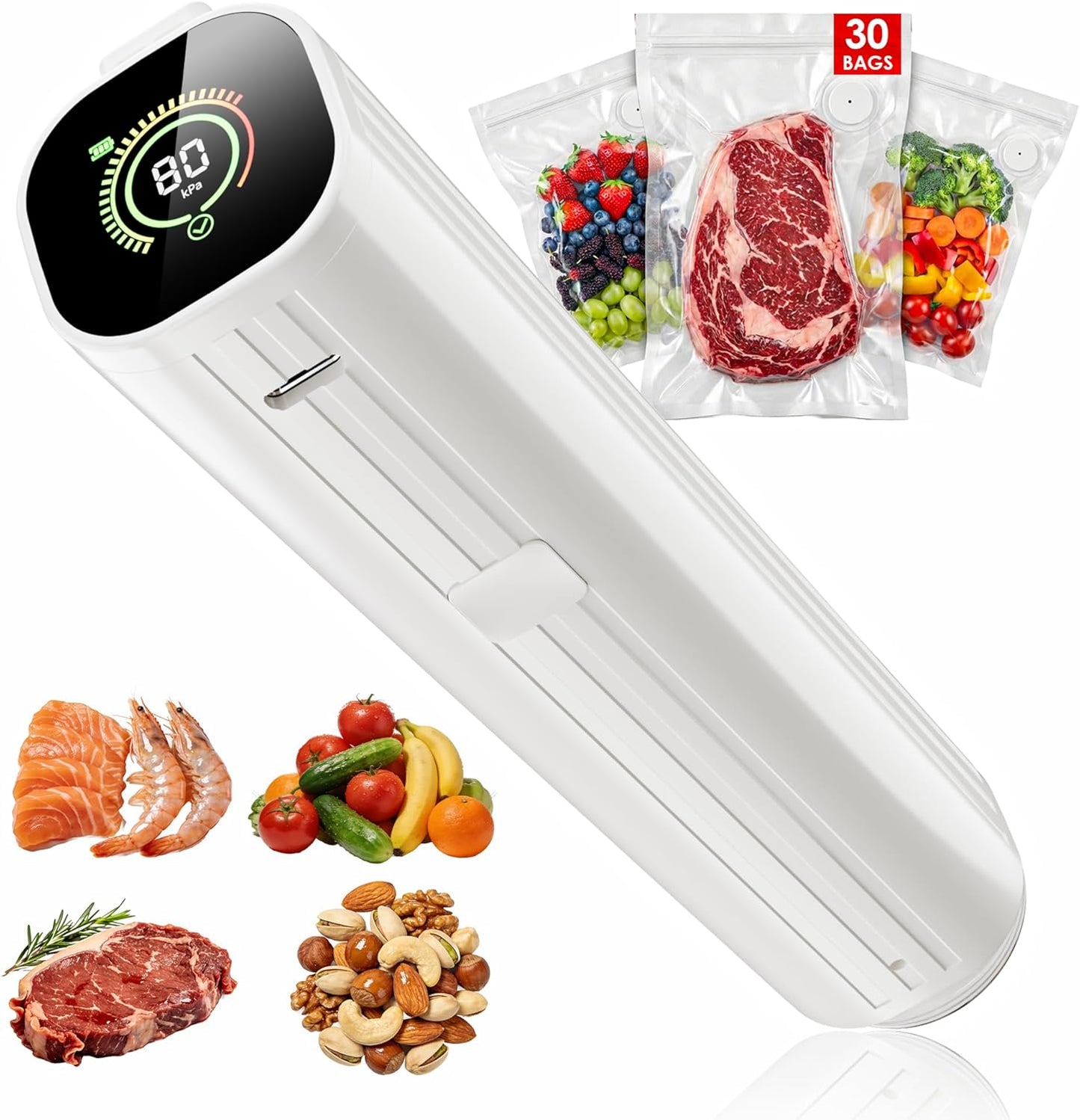 Skiennix Compact Vacuum Sealer - Powerful Handheld Food Sealer with 30 Reusable Bags & LED Display