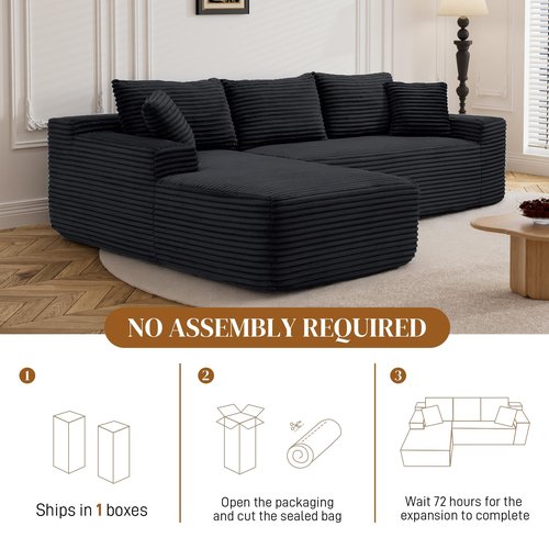 Repantes 95" L Shaped Boneless Sectional Couches, Wide Armrest, Deep Seat, Memory Foam, Assembly Free, Modern Comfy Corduroy Fluffy Cloud Sofa with Left Chaise for Living Room, Small Spaces, Black
