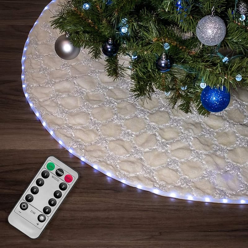 White 55 Inch Faux Fur Hatched Tree Skirt with Programmable LED Lights - Ivory