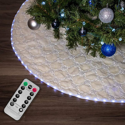 White 55 Inch Faux Fur Hatched Tree Skirt with Programmable LED Lights - Ivory