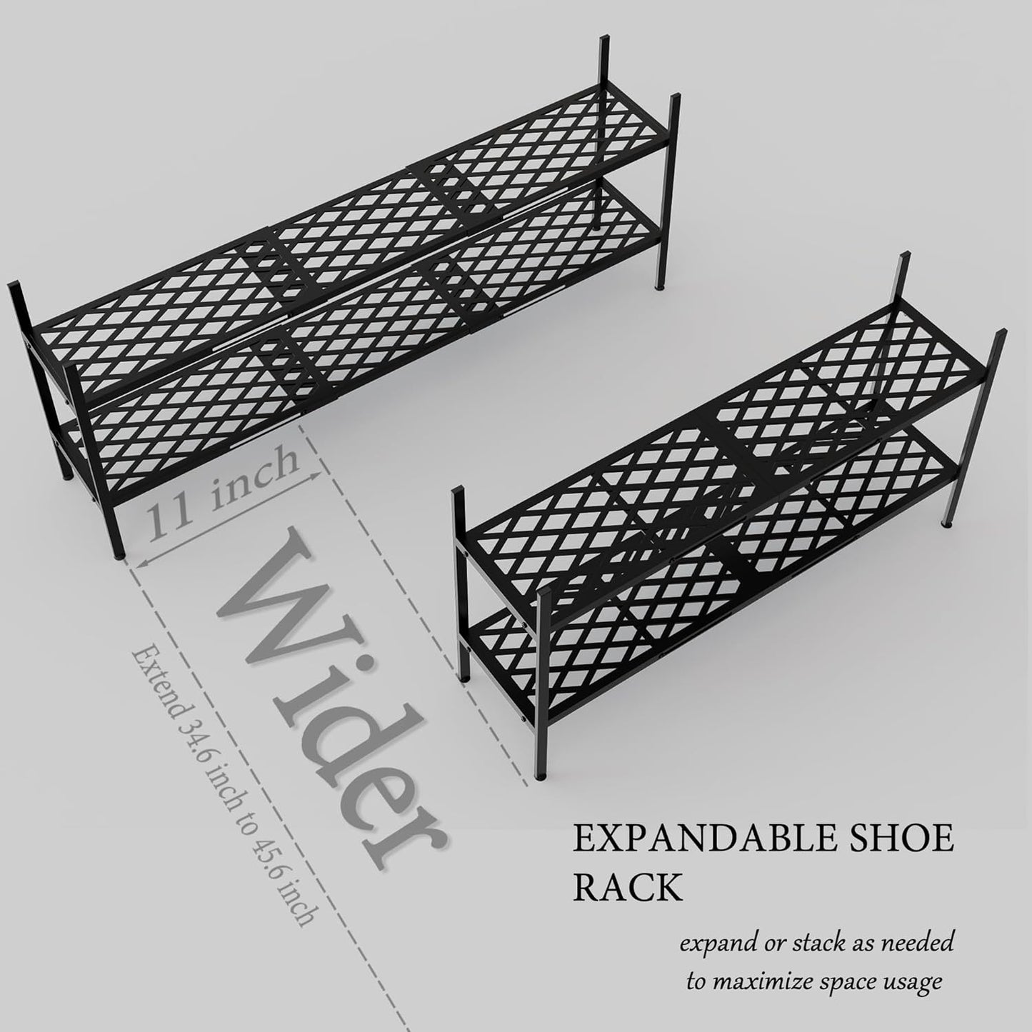 Skiennix Expandable Shoe Rack - 2-Tier Metal Organizer for 12-18 Pairs | Black, 45.6 Inches