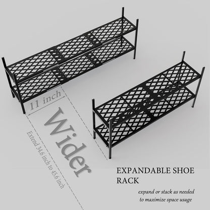 Skiennix Expandable Shoe Rack - 2-Tier Metal Organizer for 12-18 Pairs | Black, 45.6 Inches