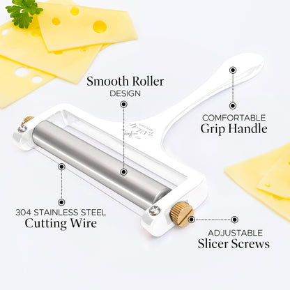 Zulay Kitchen Stainless Steel Wire Cheese Slicer - Adjustable Hand Held Cheese Cutter with 2 Extra Wires - Premium Cheese Shaver For Mozzarella, Cheddar, Gruyere - Cheese Cutter with Wire (White)