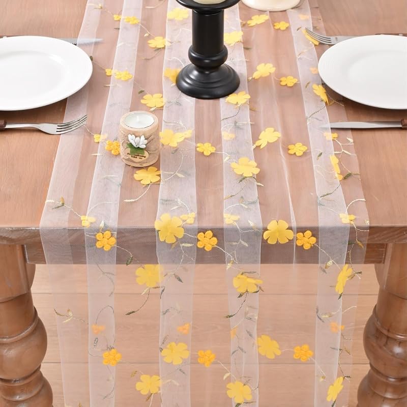 Yellow Floral Gauze Table Runner, 28x120 inches - Embroidered Boho Home Decor (Variation: Yellow+3)