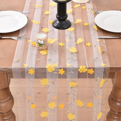 Yellow Floral Gauze Table Runner, 28x120 inches - Embroidered Boho Home Decor (Variation: Yellow+3)