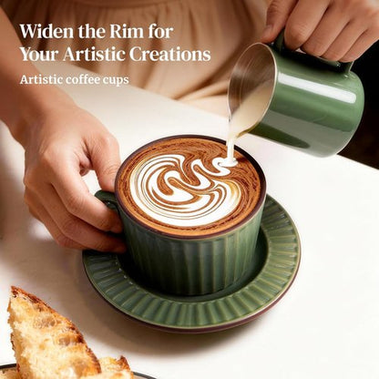 DOWAN Cappuccino Cup Set - 8 OZ Ceramic Coffee Mugs with Saucers | Elegant Ribbed Stoneware for Home & Café