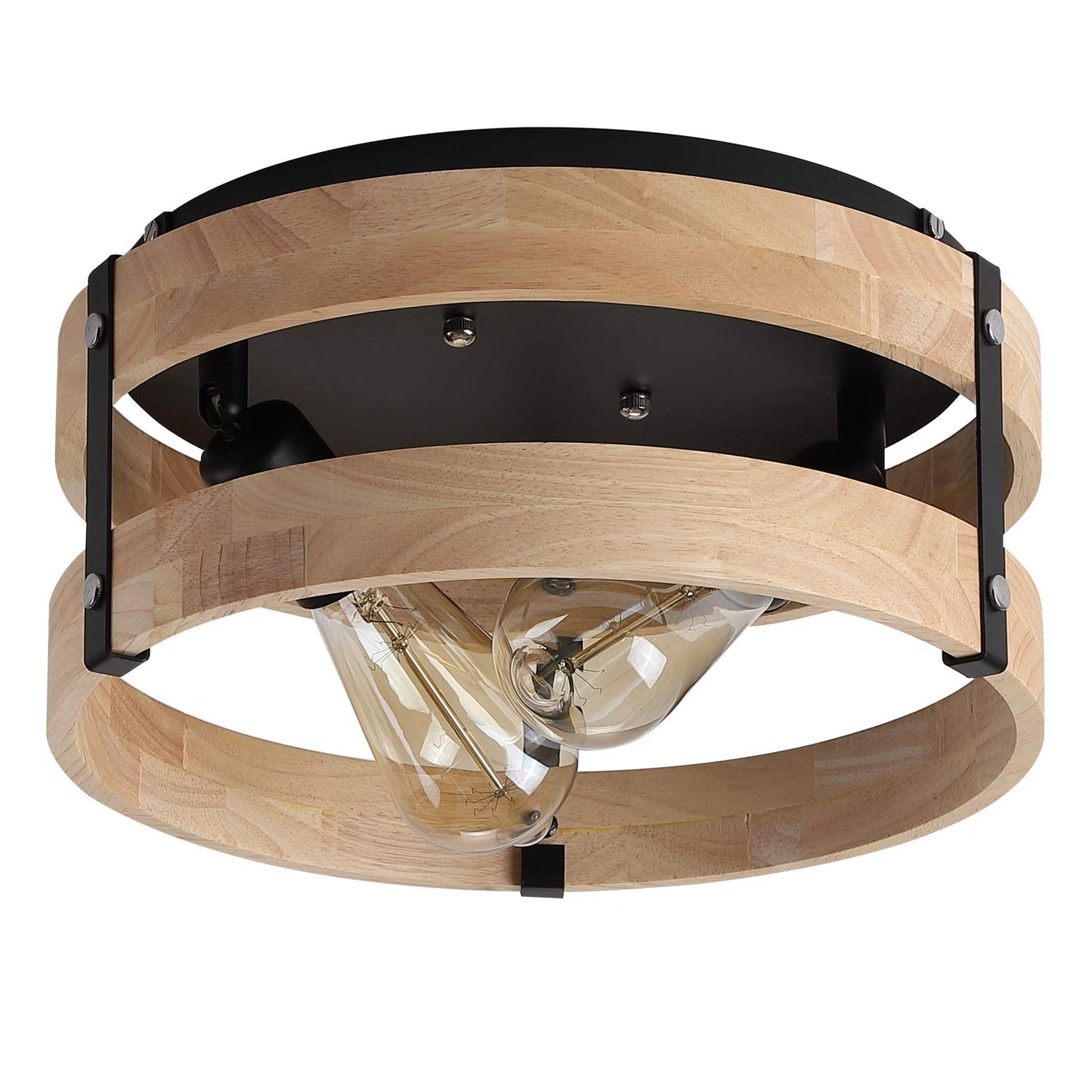 Modern Farmhouse Flush Mount Light Fixture Two-Light Metal and Wood Round Drum Rustic Flush Mount Ceiling Light for Hallway Bedroom Kitchen Entryway, Light Yellow Wood and Black