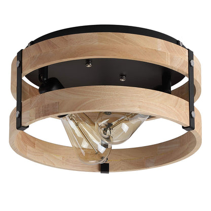 Modern Farmhouse Flush Mount Light Fixture Two-Light Metal and Wood Round Drum Rustic Flush Mount Ceiling Light for Hallway Bedroom Kitchen Entryway, Light Yellow Wood and Black