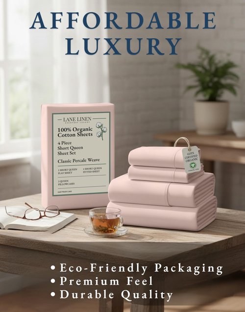 LANE LINEN RV Queen Sheets Set - 100% Organic Cotton Camper Sheet Sets 15" Deep Pocket Fitted (Short Sepia Rose)