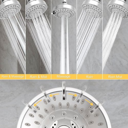 AISOSO Shower Head, 5 Modes High Pressure Shower Heads for Relaxed Shower Experience, 4.1 Inch Bathroom Fixed Showerhead Even at Low Water Pressure for Powerful Spray, Chrome