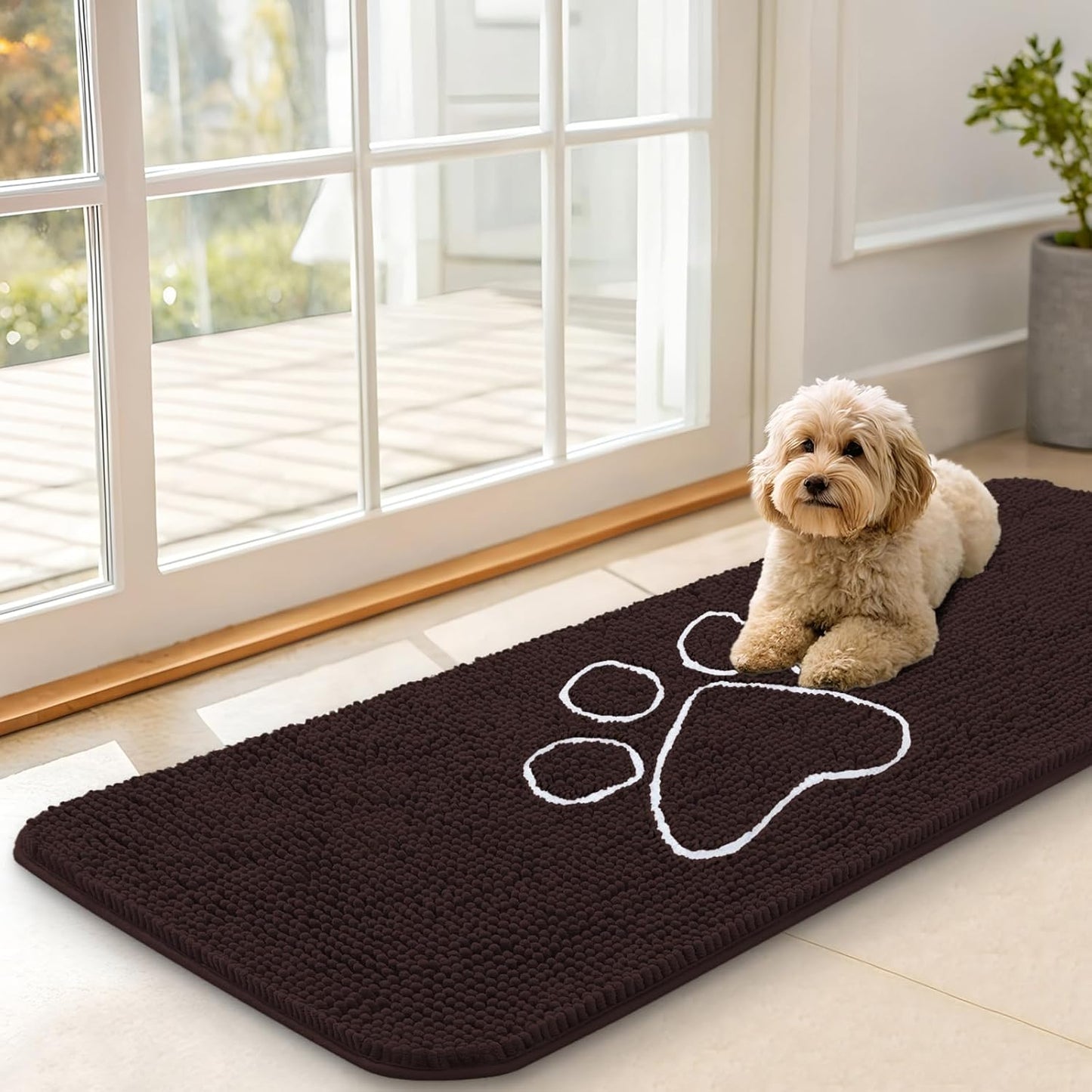 OLANLY Dog Door Mat - Absorbent Non-Slip Mud Mat for Paws | 47x17 Inches, Quick Dry Chenille, Brown
