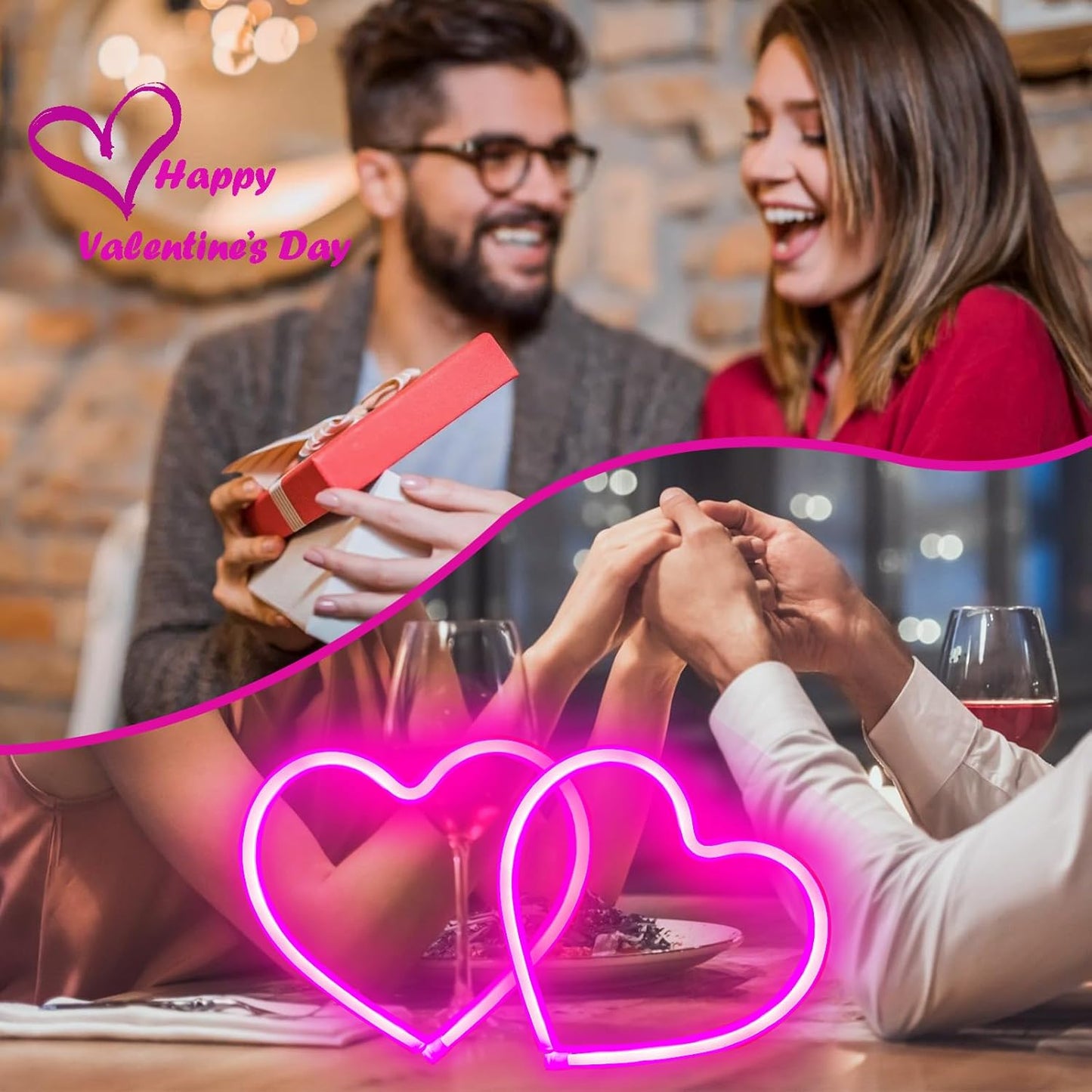 Skiennix 2-Pack Pink Heart Neon Sign - Battery Operated & USB Powered LED Lights for Valentine's Day Decor